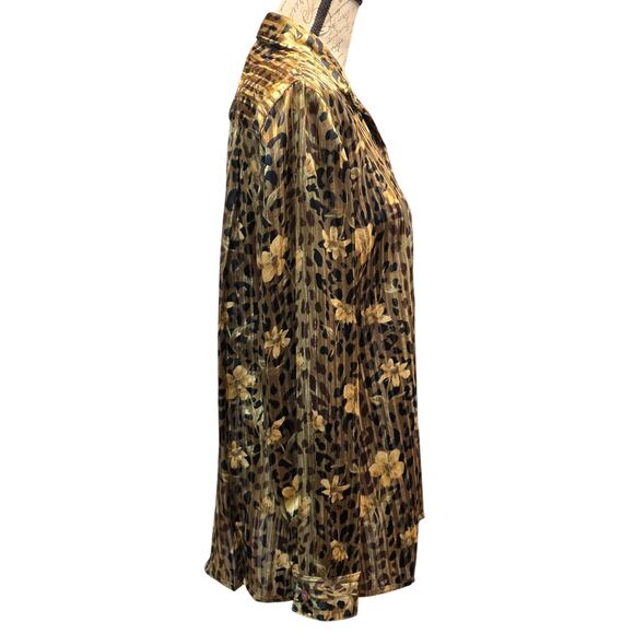 Vtg Mesmerize Women Petite XL Sheer Blouse Floral Gold Shimmer Animal Print Fall - Picture 6 of 16